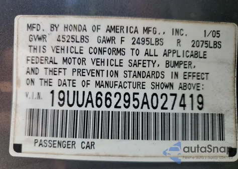 2005 Acura Tl z USA, uszkodzony, nr VIN 19UUA66295A027419